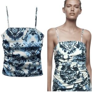 NWT Zara Blue and White Floral Print Ruched Sleeveless Tank Top - XS
